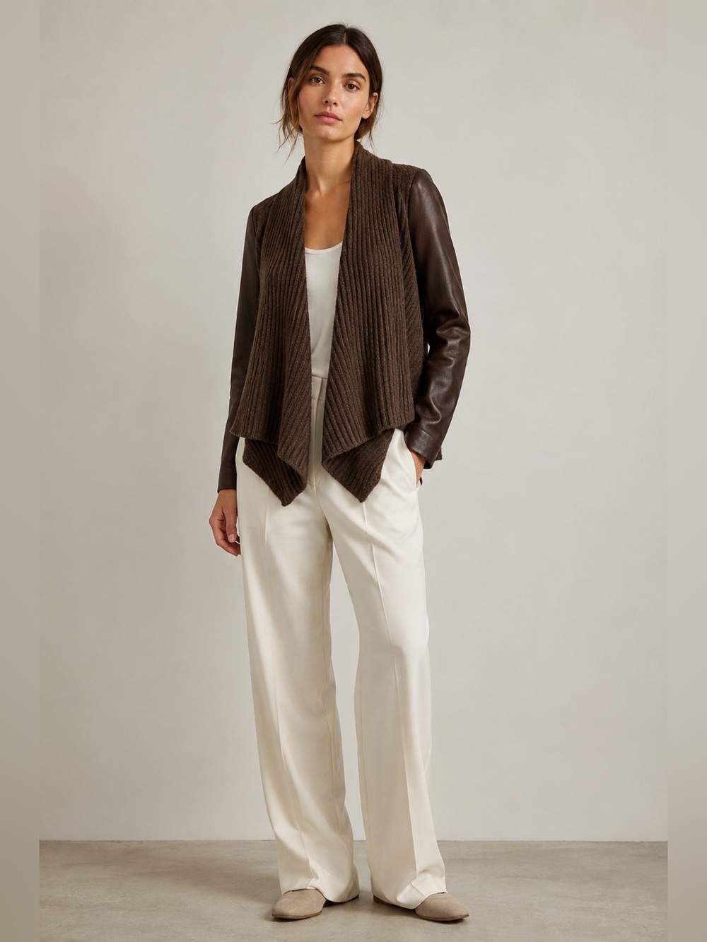 VINCE Brown Wool Yak Leather Drape Front Open Jacket Women’s Small Rare